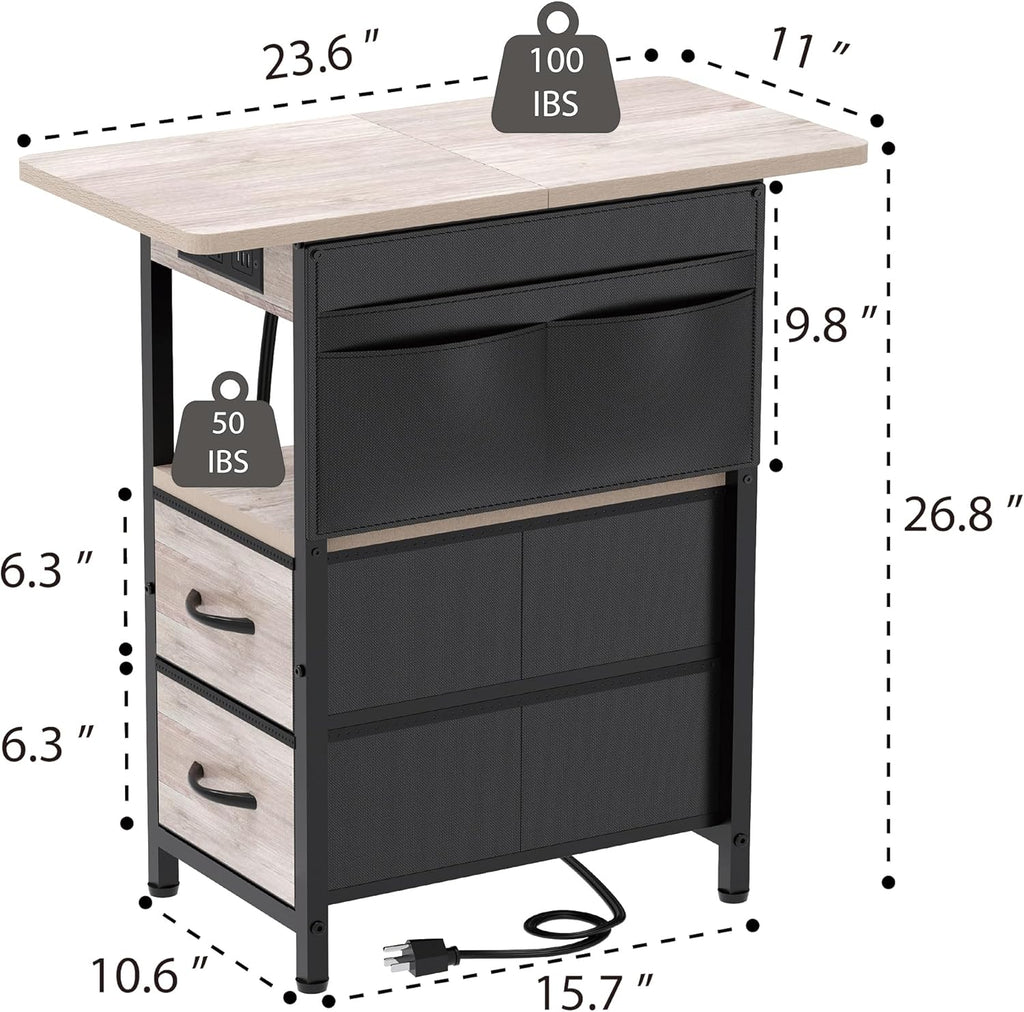Yenlure Small Side Table with Charging Station, Narrow Nightstand Bedside Tables with Storage Pocket for Living Room Bedroom, Sofa End Table with USB Ports and Power Outlets for Small Spaces, Greige