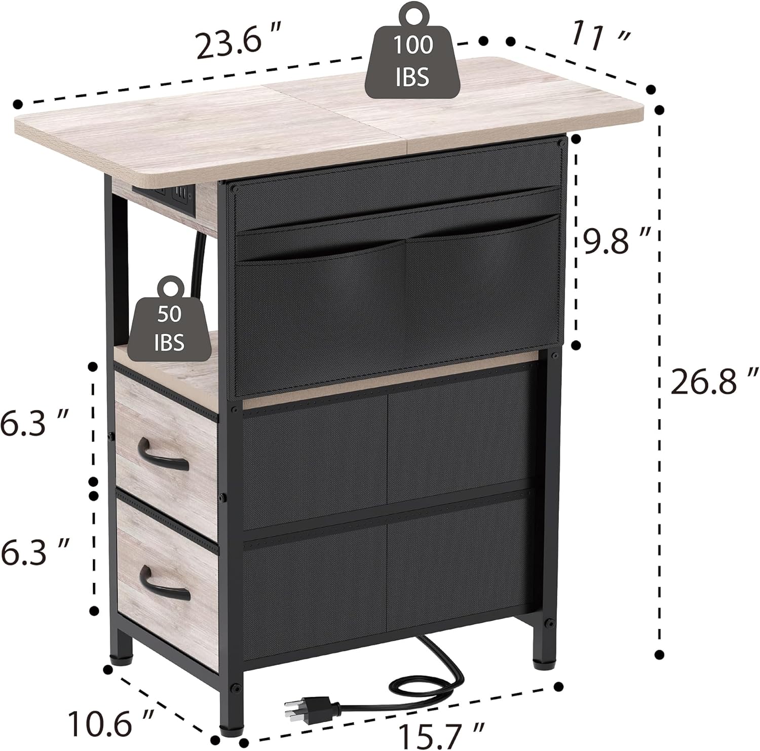 Yenlure Small Side Table with Charging Station, Narrow Nightstand Bedside Tables with Storage Pocket for Living Room Bedroom, Sofa End Table with USB Ports and Power Outlets for Small Spaces, Greige