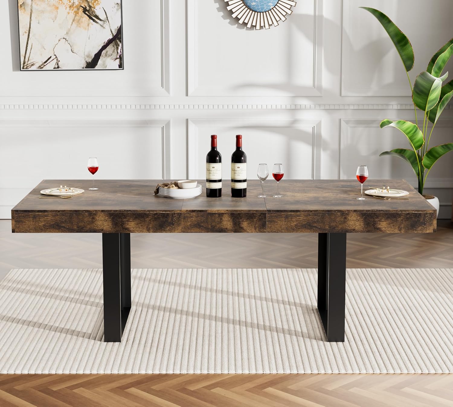 63"-78.7" Extendable Dining Table Set of 6, Rustic Brown Kitchen Dining Table & 6 Upholstered Velvet Chairs with Wood Leg, Modern 7 Piece Wood Expandable Kitchen Table Set