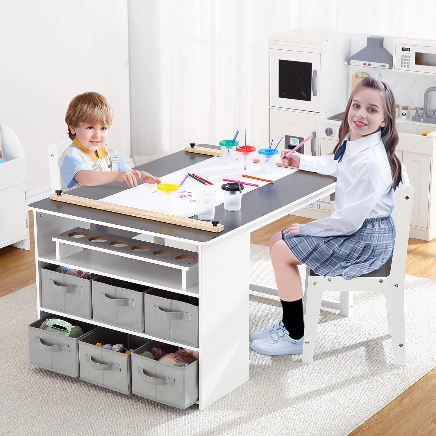 GarveeLife Kids Art Table and 2 Chairs Set with Large Storage Desk, Portable Art Supply Organizer - Multi-Function Drawing, Activity, and Study Table for Children, Wooden Craft Furniture