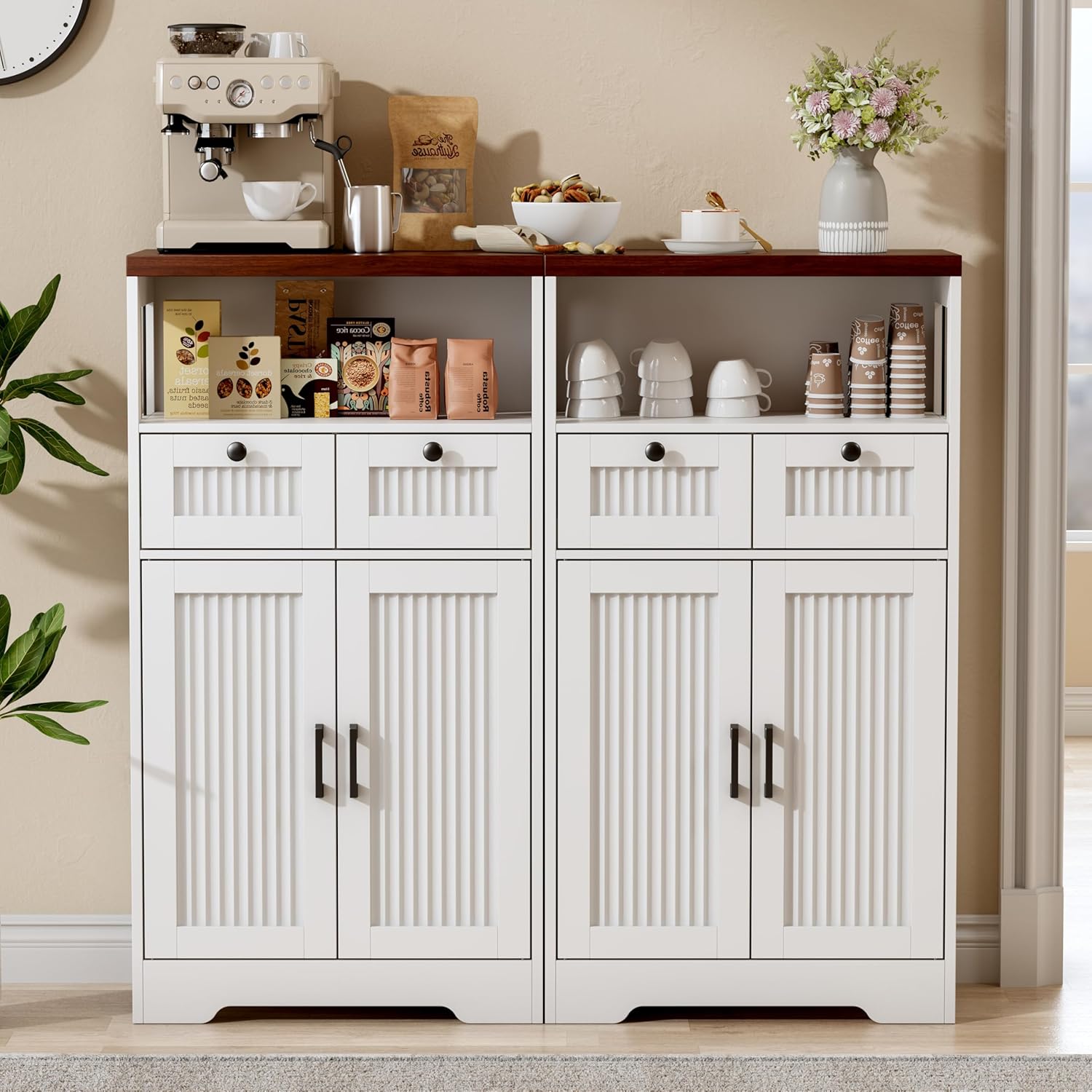 Buffet Cabinet, Fluted Sideboards with 2 Drawers and Doors, Open Compartment & Adjustable Shelf, Small Cabinet for Kitchen, Entryway, Modern White