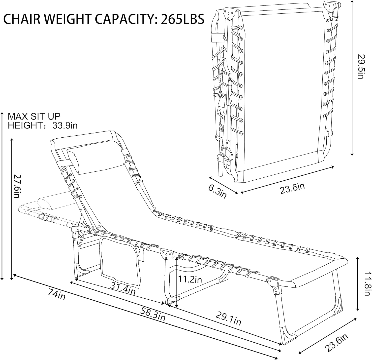 BlueWish Patio Chaise Lounge Chair, Outdoor Lounge Chairs with 5 Position Adjustable Backrest, Removable Pillow, Textilene Waterproof, Folding Lounge Chair for Beach, Patio, Poolside