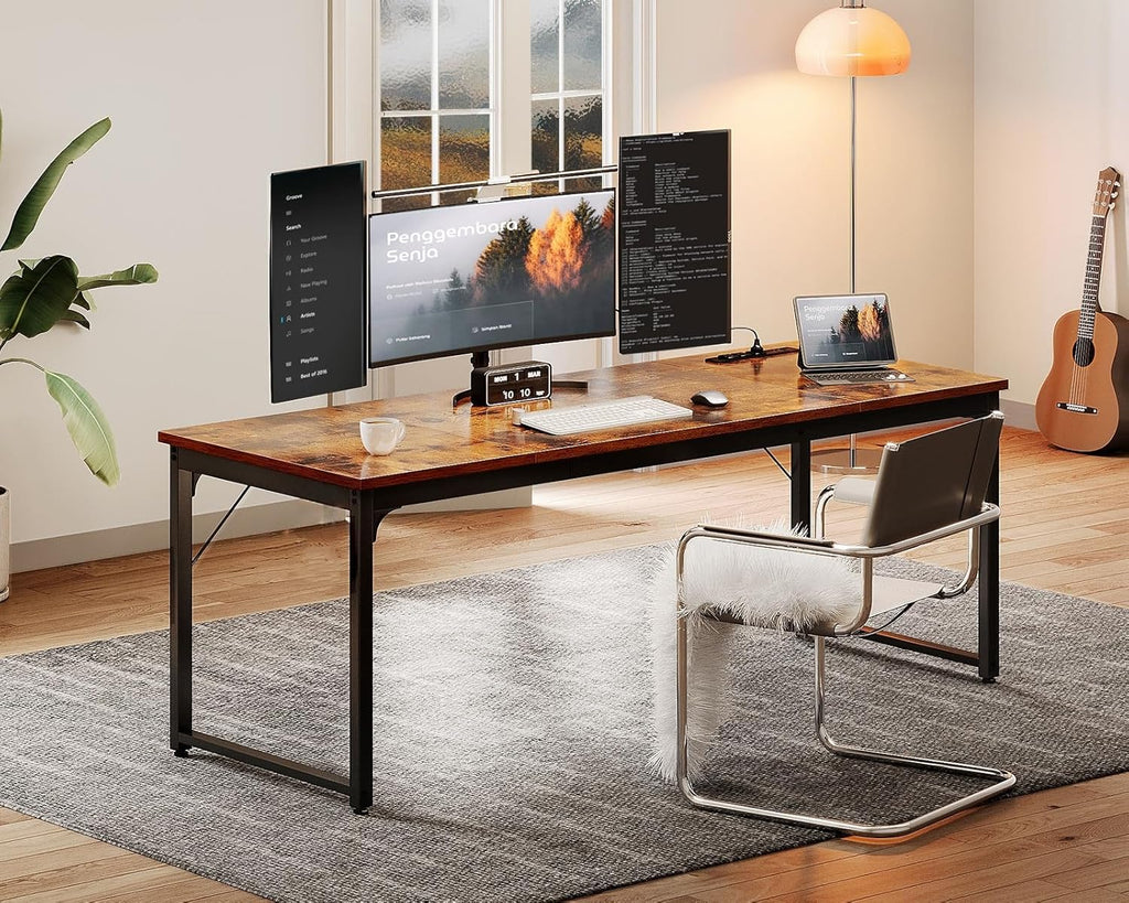 Coleshome 71 Inch Computer Desk with USB Ports, Large Office Desk, Long Study Student Writing Desk, Rustic Brown