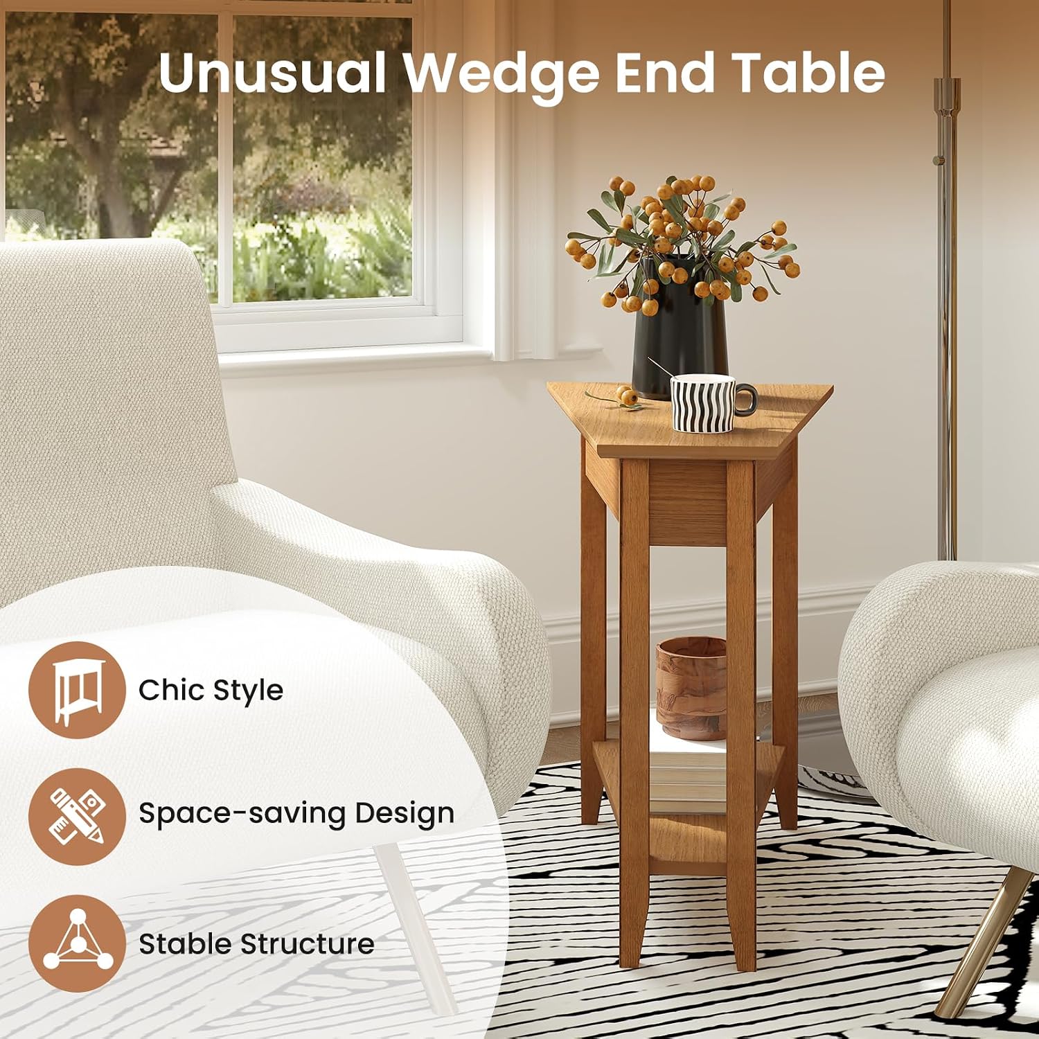 GOFLAME 2-Tier Wedge End Table Set of 2, Narrow Triangle Side Table with Storage Shelf, Solid Wood Legs, Nightstand, Recliner Wedge Table for Living Room, Bedroom, Small Space, Rustic Walnut