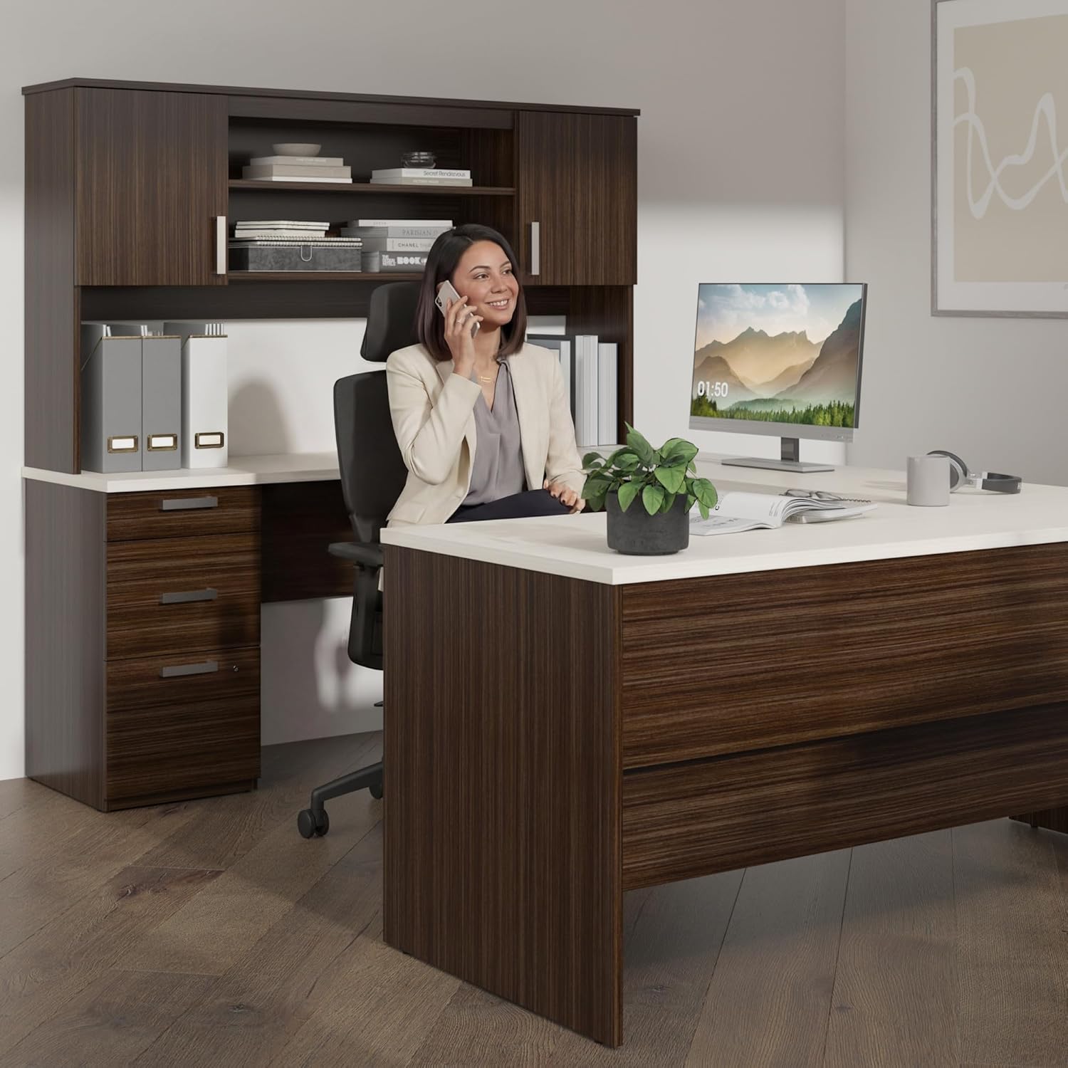 Bestar, Ridgeley Collection, 3-Piece Set Including a U-Shaped Desk with Hutch, a Lateral File Cabinet, and a Bookcase
