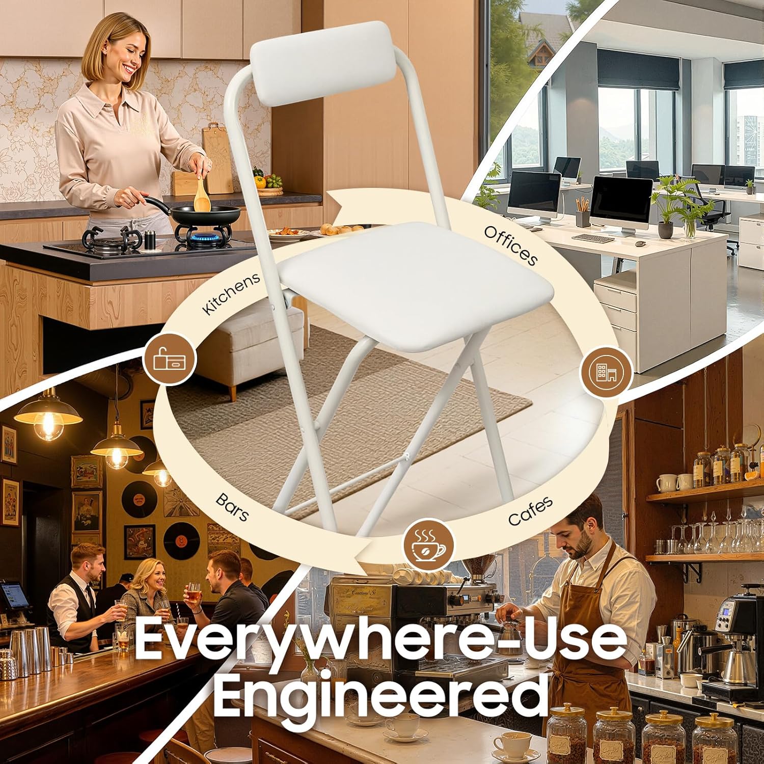 Folding Bar Stool with Backrest,Cushioned Padded Folding Stool,Fashion Bar Stools Set,Folding Counter Height Chairs for Kitchens, Cafes, Milk Tea Dessert Shops (1, White 29.53inch Seat Height)