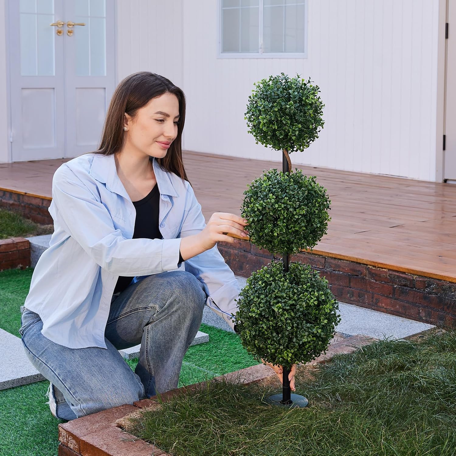VeriNatural Artificial Plants Outdoor,3ft Artificial Triple Ball Boxwood Topiary Tree,Set of 2 UV Resistant Fake Potted Plants for Front Porch Decor,Faux Plant for Home,Garden, Balcony,Patio
