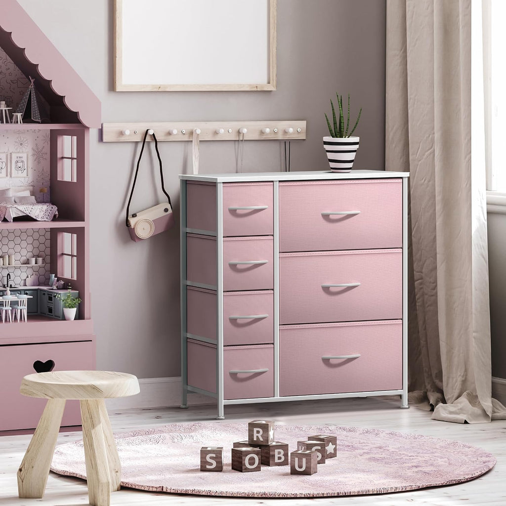 Sorbus Dresser with 7 Drawers - Furniture Storage Chest for Kid’s, Teens, Bedroom, Nursery, Playroom, Clothes, Toys - Steel Frame, Wood Top, Tie-dye Fabric Bins (7-Drawer, Pastel Pink)