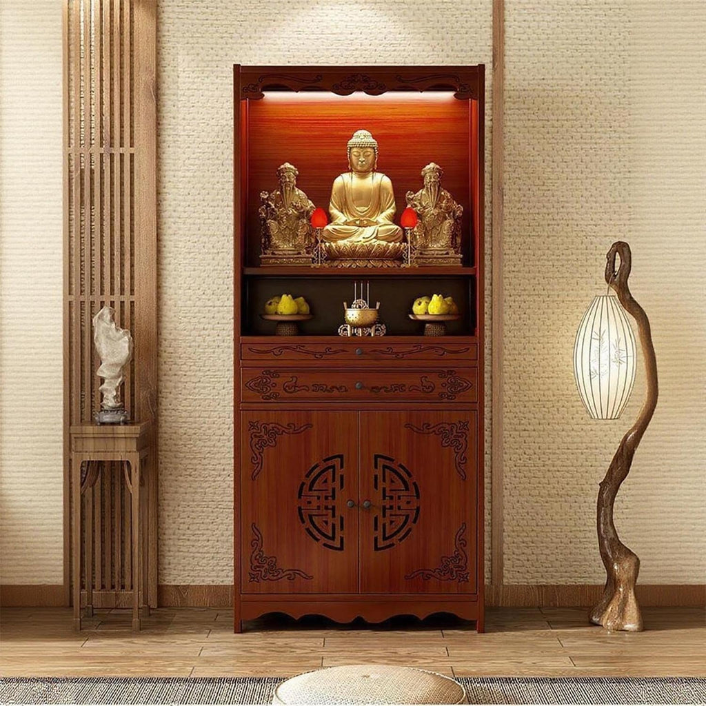 Temple for Home, 20.8-27.5'', Bamboo Meditation Altar Table with Storage, Dual-Mode Drawer Puja Table for Incense & Offerings, Bamboo Altar Cabinet for Home Use for Storage(Style B,53cm/20.8in)