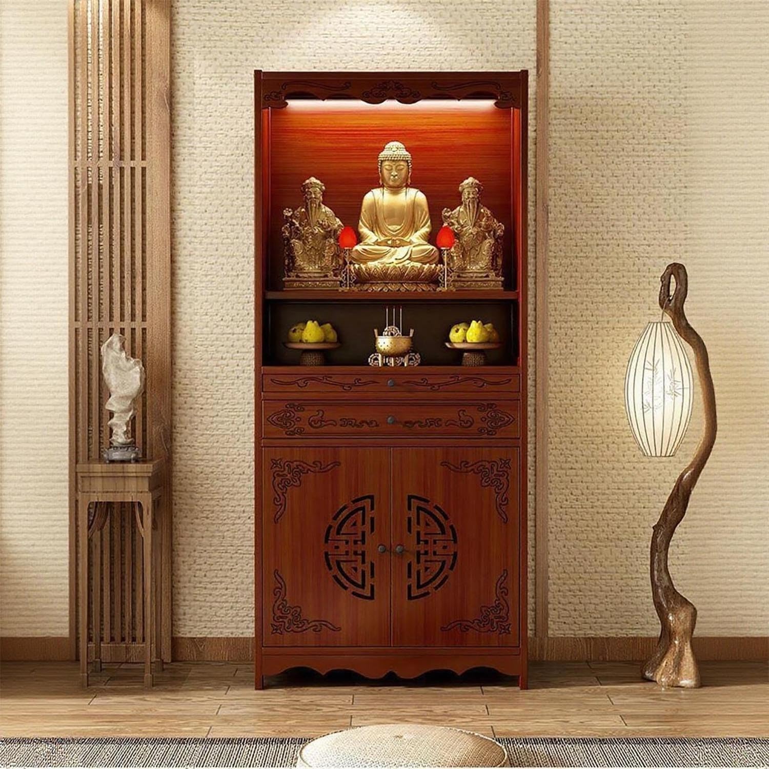 Temple for Home, 20.8-27.5'', Bamboo Meditation Altar Table with Storage, Dual-Mode Drawer Puja Table for Incense & Offerings, Bamboo Altar Cabinet for Home Use for Storage(Style B,53cm/20.8in)