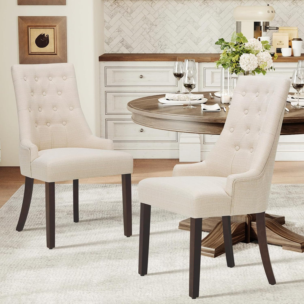 COLAMY Wingback Upholstered Dining Chairs Set of 2, Fabric Side Dining Room Chairs with Tufted Button, Living Room Chairs for Home Kitchen Resturant- Beige
