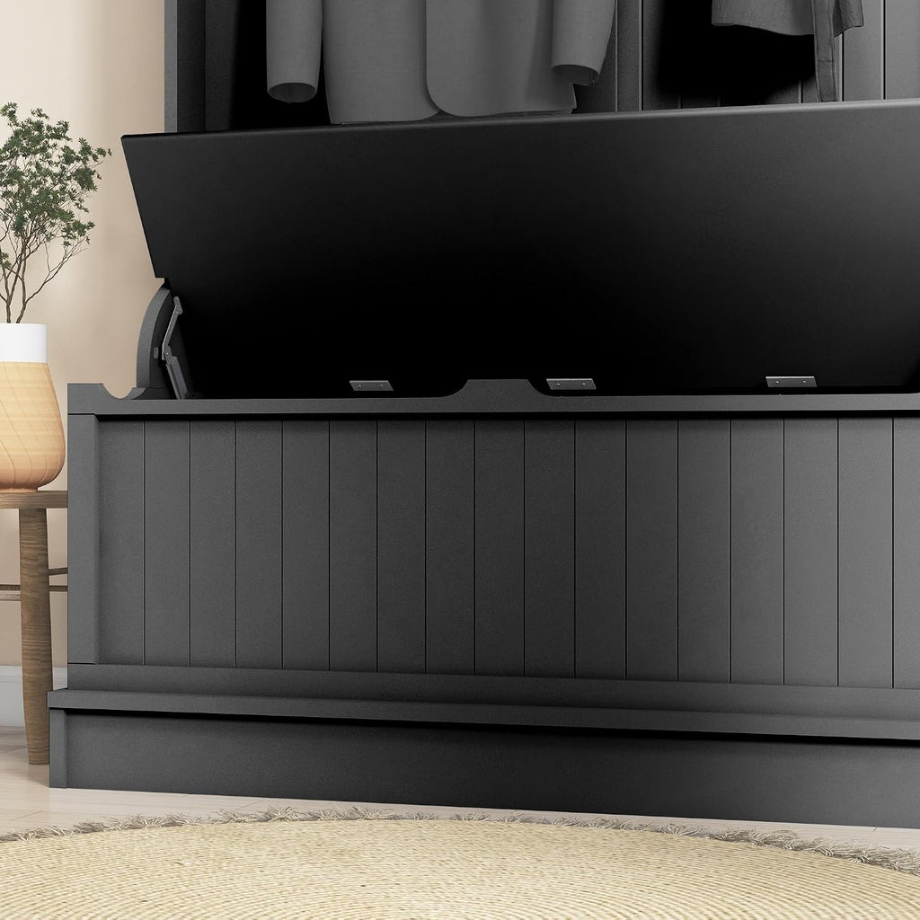 HOMCOM Hall Tree with Bench and Shoe Storage 3-in-1 Coat Rack Black | Slim Bench with Coat Rack, 4 Hooks, Flip Top Storage Compartment