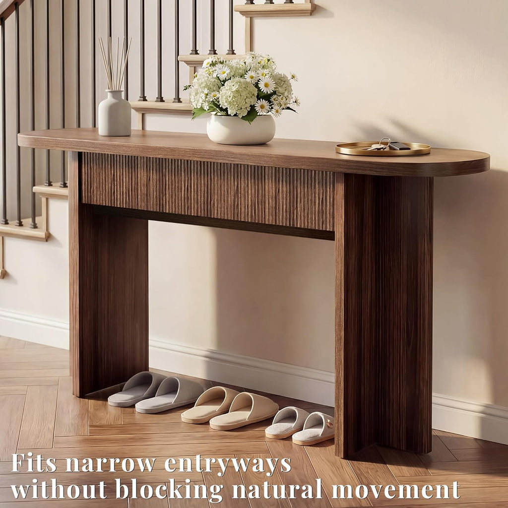 63 Inch Fluted Console Table with Drawers, Entryway Table with Storage, Modern Rounded Hallway Table for Narrow Spaces（Brown）