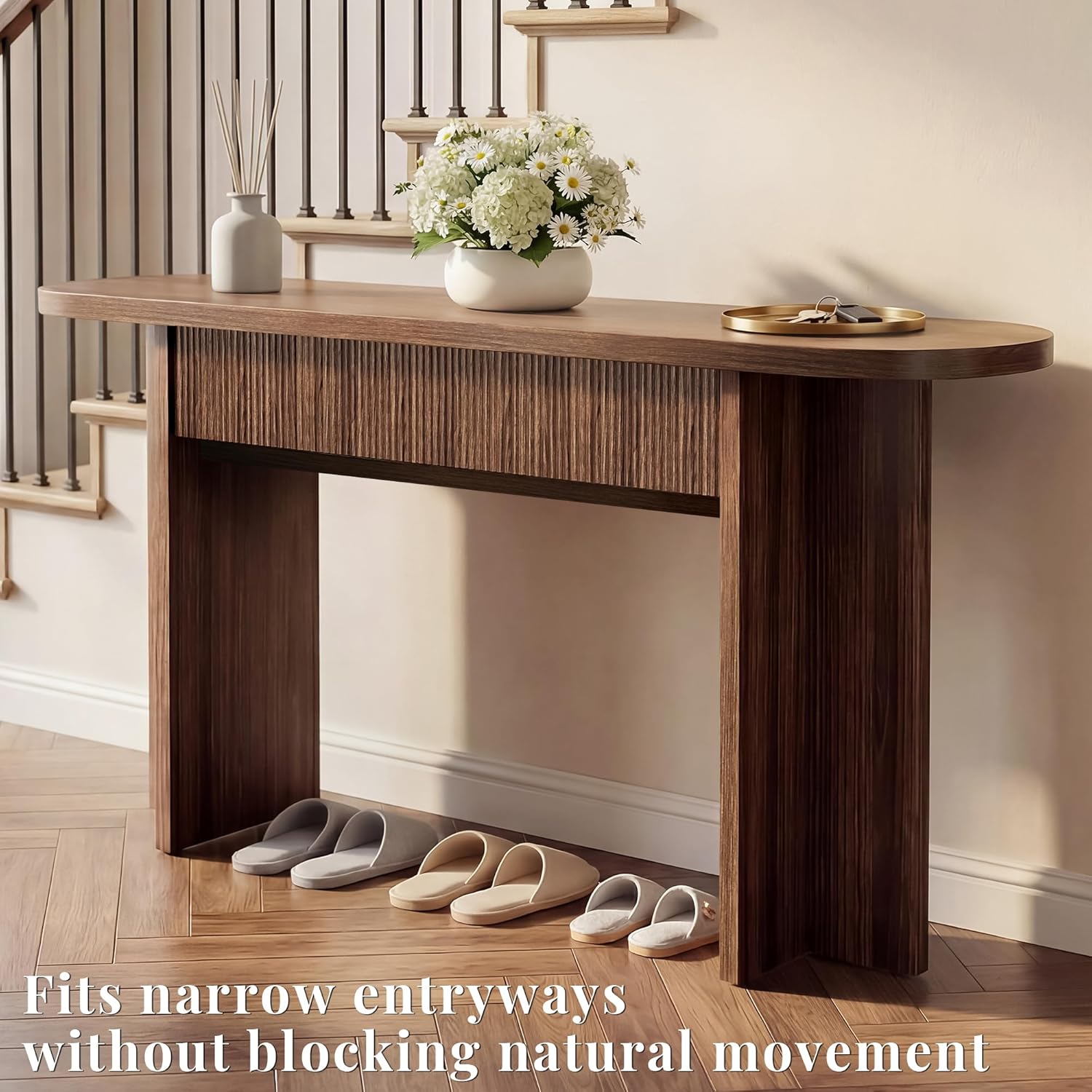 63 Inch Fluted Console Table with Drawers, Entryway Table with Storage, Modern Rounded Hallway Table for Narrow Spaces（Brown）