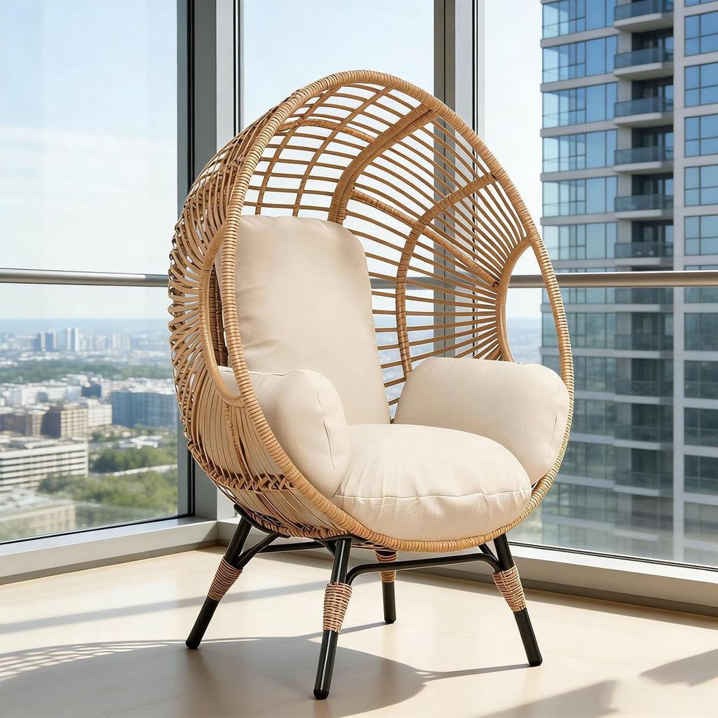 Indoor Outdoor Egg Chair Wicker, 400lbs Weight Capacity, 8-Inch Cotton Cushion, Ergonomic Balcony Chairs(Natural)