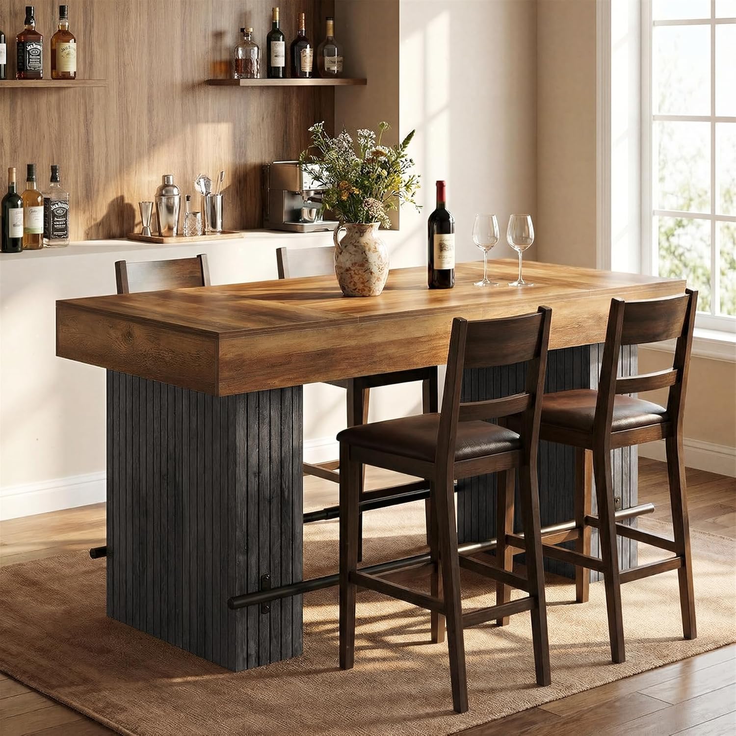 Tribesigns 63-Inch Counter Height Bar Table, Long Bar Table with Metal Footrest, Home Bistro Unit for Kitchen, Dining Room & Living Room, Rustic Brown and Black