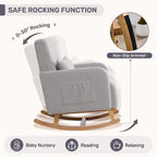 HCHAIRH Nursery Rocking Chair with Ottoman, Upholstered Glider Rocker with High Backrest Side Pocket, Rocking Accent Armchair with Solid Wood Legs for Nursery, Living Room, Bedroom, Light Grey