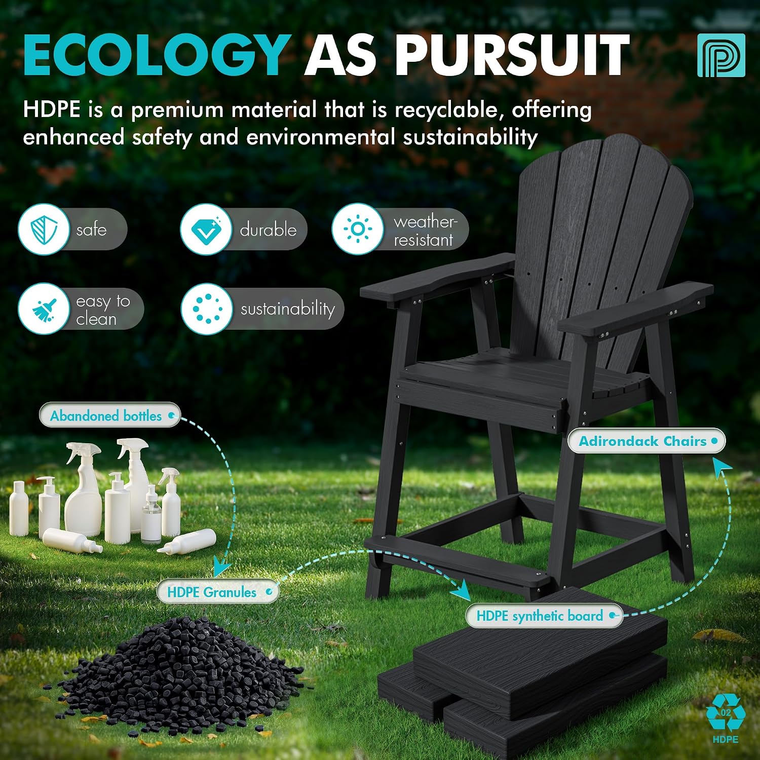 PatioPerk Tall Adirondack Chair Set of 2 with Double Connecting Tray, Recycled HDPE with Wood Grain, Weather Resistant, Outdoor Adirondack Chairs for Deck, Balcony, Patio, Backyard, Black