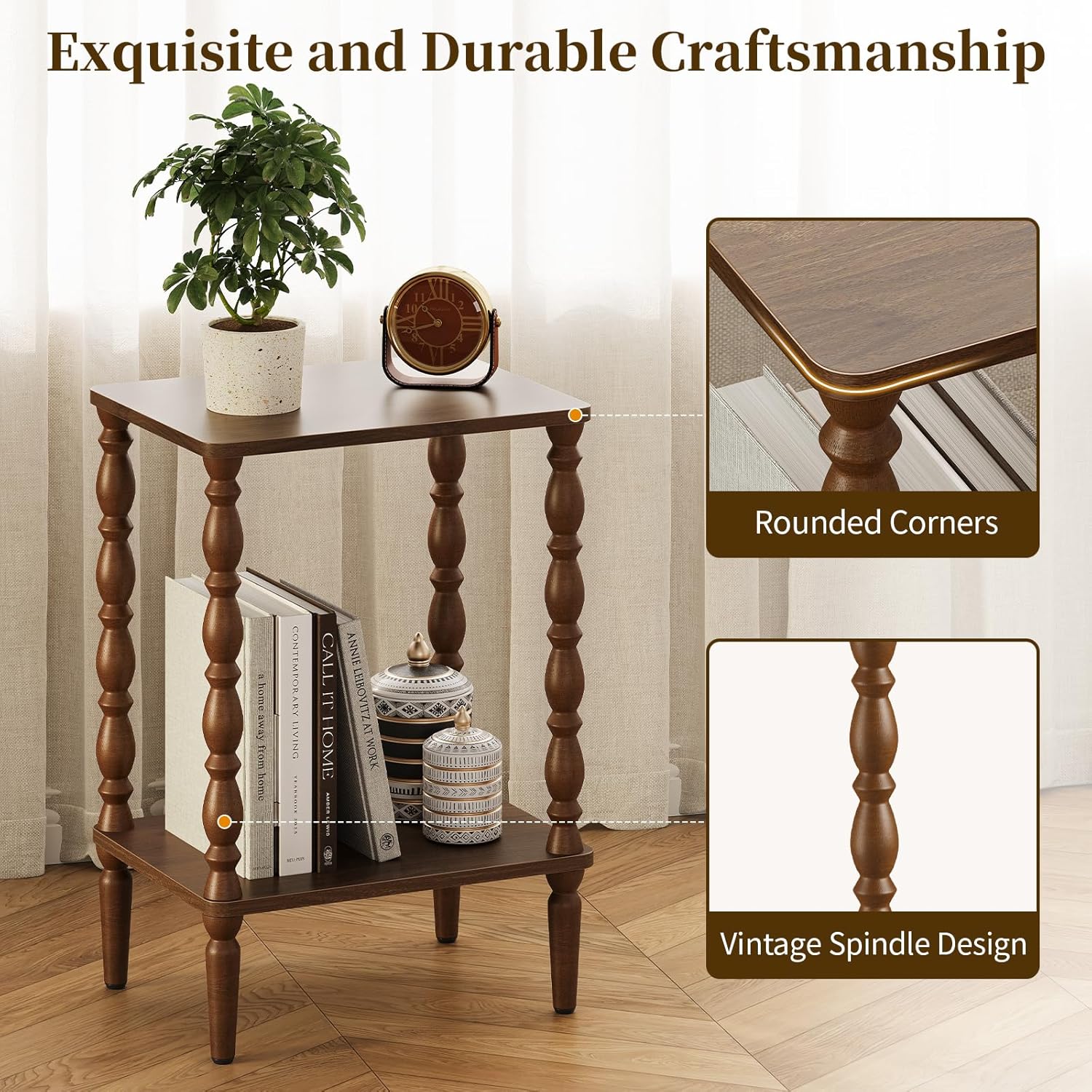 Small Side Table - 2-Tier Wood End Table with Storage Shelf for Living Room, Vintage Night Stand for Bedroom Small Spaces, Rectangle Accent Table with Spindle Legs, Walnut