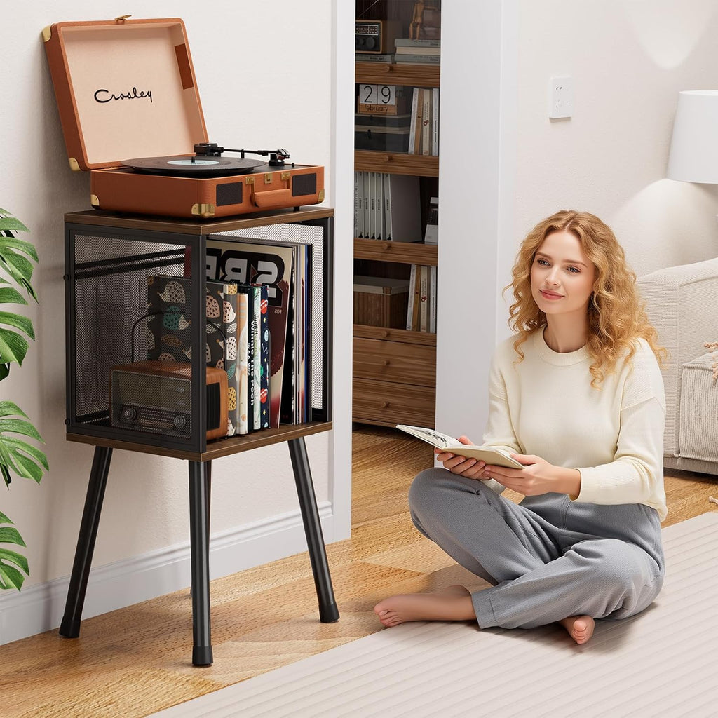 Simple Trending Record Player Stand, Storage up to 100 Albums, Vinyl Record Holder with Storage Shelf, Adjustable Divider, Rustic Brown