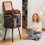 Simple Trending Record Player Stand, Storage up to 100 Albums, Vinyl Record Holder with Storage Shelf, Adjustable Divider, Rustic Brown
