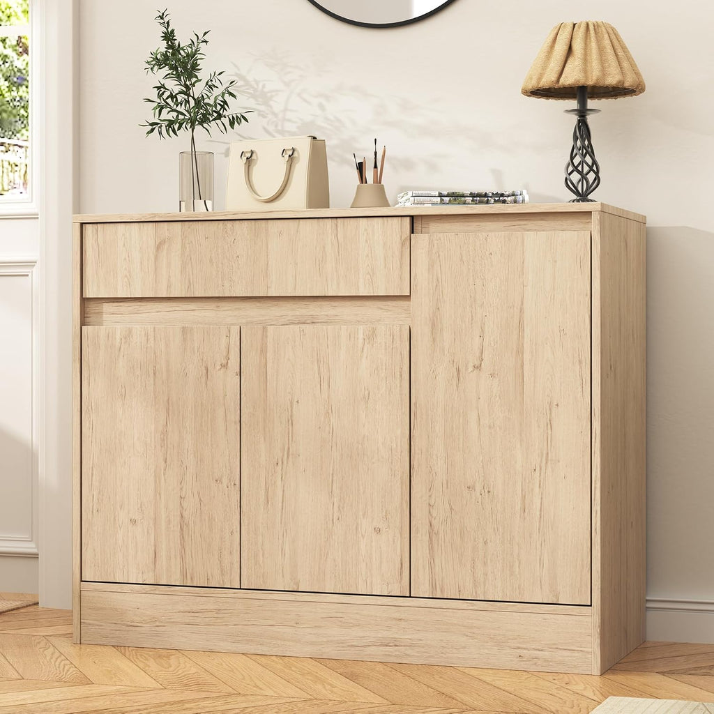 Housoul Shoe Cabinet Storage with 3 Doors, Freestanding Shoe Cabinet with Drawer & Adjustable Shelves, Wooden Shoe Organizer for Entryway, Hallway,Natural