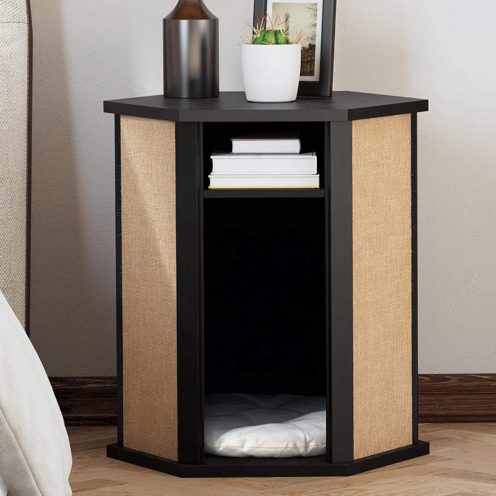 COZAYH Modern Cat House End Table with Sisal Scratching Panels, Hidden Cat Bed Side Table with Removable Washable Cushion, Pine Wood, Cat Condo Nightstand, Easy to Clean, Multifunctional, Black