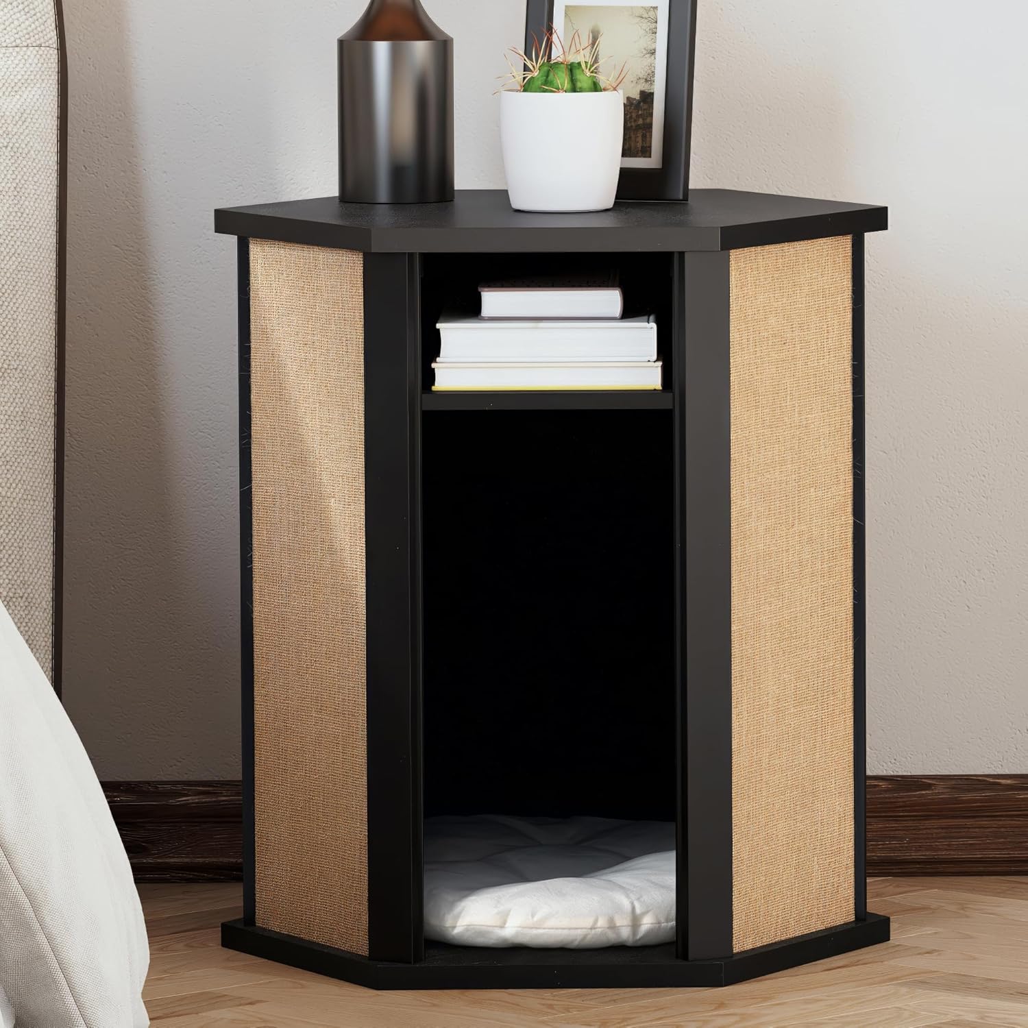 COZAYH Modern Cat House End Table with Sisal Scratching Panels, Hidden Cat Bed Side Table with Removable Washable Cushion, Pine Wood, Cat Condo Nightstand, Easy to Clean, Multifunctional, Black