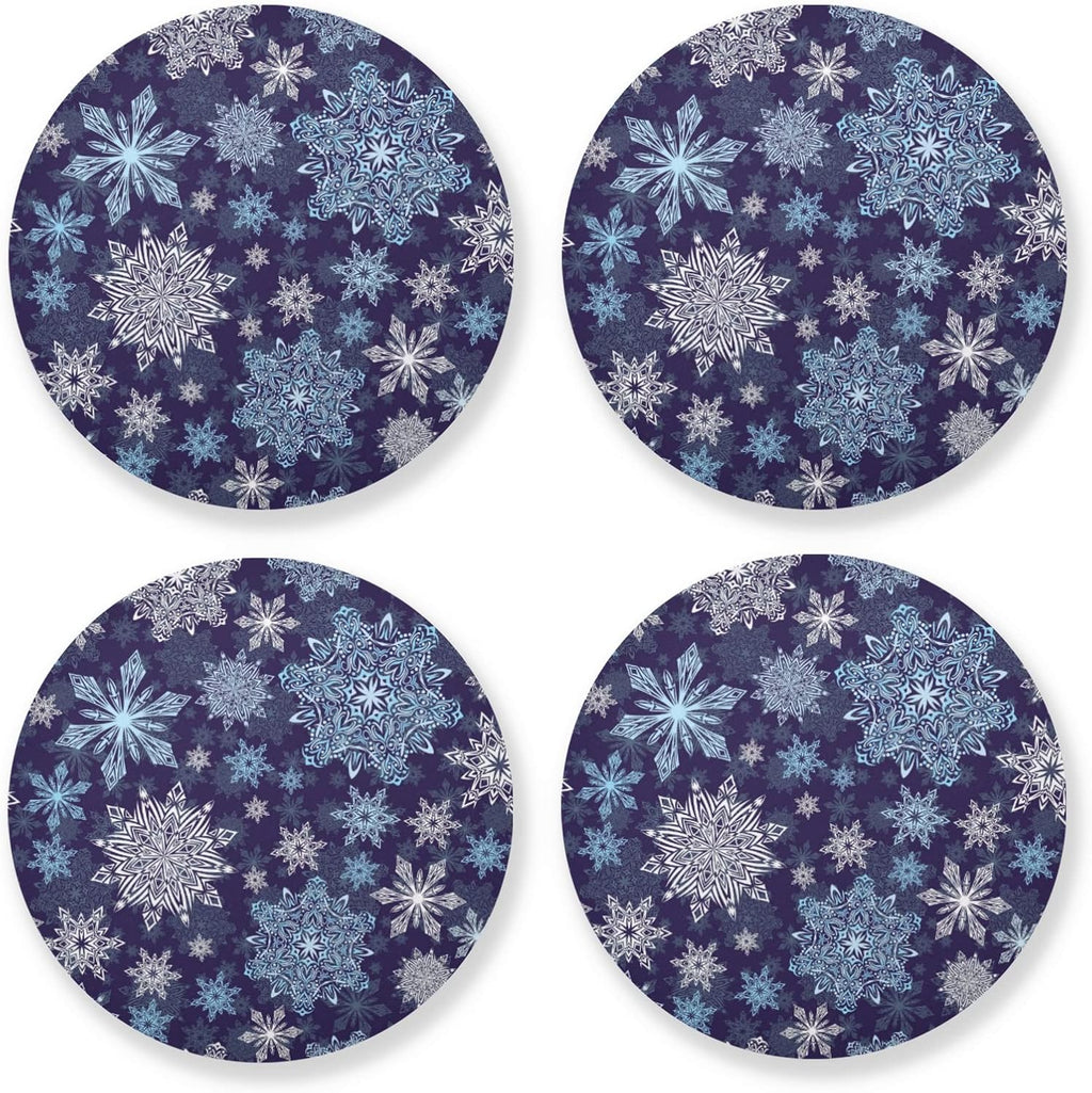 4 Pieces Blue & White Snowflake Christmas Coasters Set, Non-slip Heat-Resistant Absorbent Drink Coaster with Cork Base, Round Cup Mat Pad for Kitchen Bar Cafe Deco, Perfect Housewarming Gifts 3.9" x 0