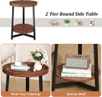 Industrial 2 Tier Round Side Table with Storage Shelf,Accent Tray End Table with Triangular Metal Support, Nightstand Bedside Sofa Table for Living Room, Bedroom, Balcony, Cherry