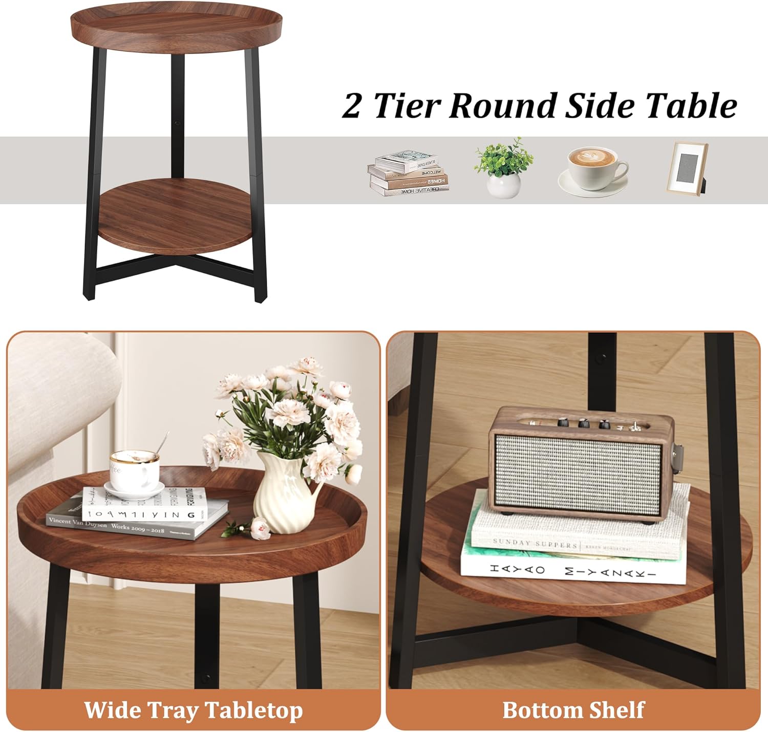 Industrial 2 Tier Round Side Table with Storage Shelf,Accent Tray End Table with Triangular Metal Support, Nightstand Bedside Sofa Table for Living Room, Bedroom, Balcony, Cherry