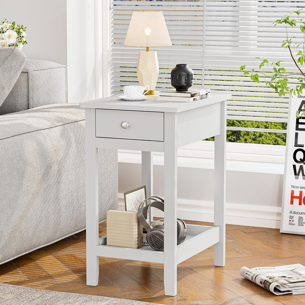 SEJOV Narrow Side Table, Small White End Table with Drawer & Storage Shelve Nightstand Wooden Bedside Table for Living Room Small Spaces Bedroom and Office