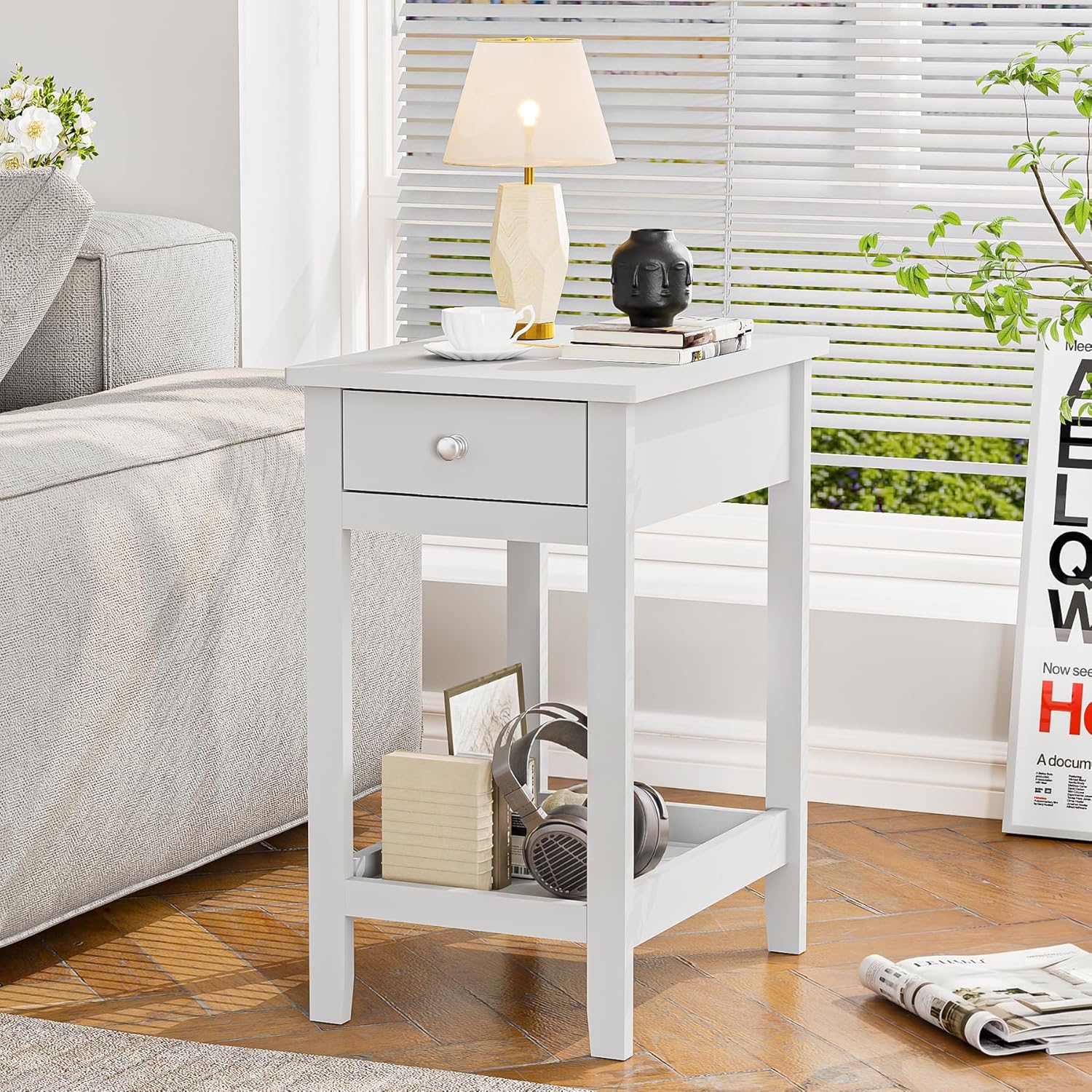 SEJOV Narrow Side Table, Small White End Table with Drawer & Storage Shelve Nightstand Wooden Bedside Table for Living Room Small Spaces Bedroom and Office