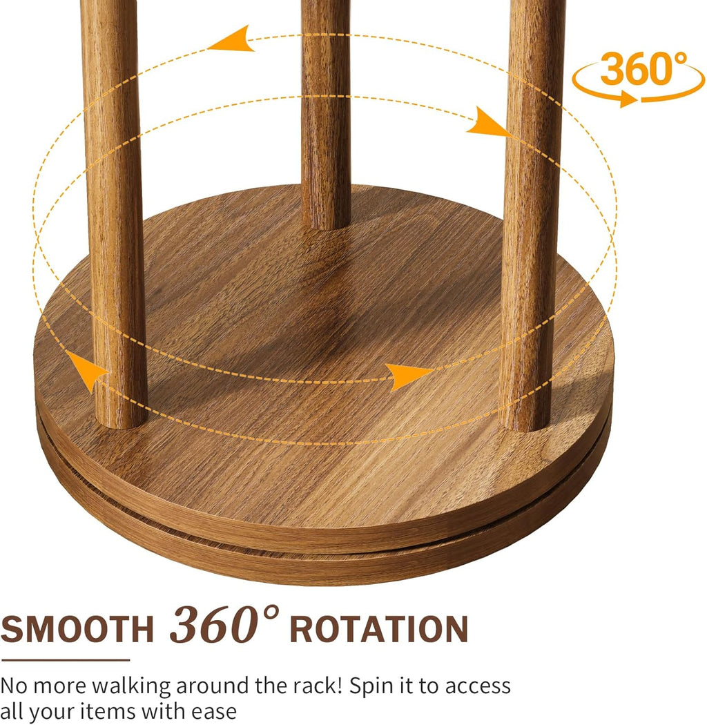 Rotary Coat Rack Freestanding, Solid Wood Coat Tree with 9 Hooks & 3 Storage Shelves for Purse Bag Hat Jacket, Corner Hanger Stand for Entryway Hallway Office Bedroom