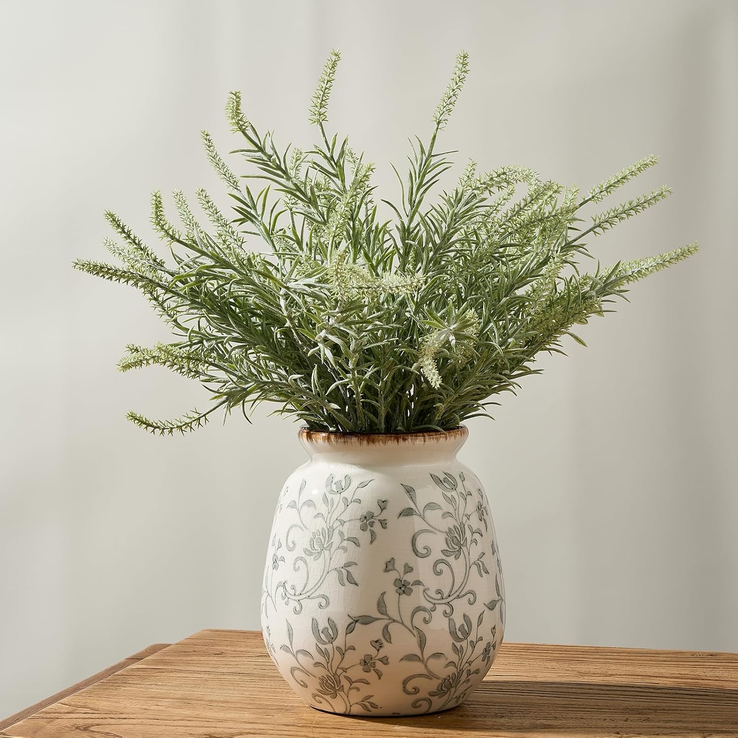 SIDUCAL Ceramic Vintage Pastoral Vase, 7.2 Inch Chinoiserie Floral Vase, Retro Ice Cracked Rustic Farmhouse Vases for Home Decor, Living Room, Bookshelf, Office, Tuscan Decor, Gray Floral