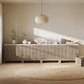 BELLEZE Set of 4 Anton Sideboard Buffet Cabinet - Travertine Greige | Fluted Reeded Door,Travertine-Look Top,Adjustable Shlef,Living Room Dining Room Entryway
