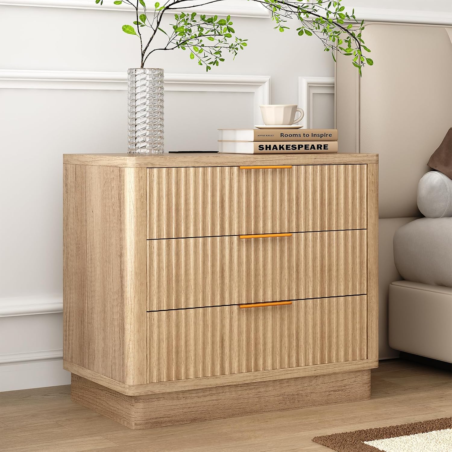ELYKEN 24" Nightstand with 3 Drawers & Outlet, Fluted End Table Natural Oak | 2 AC Outlets,1 USB Ports, 1 Type C, Charging Station, Fluted Storage Bedside Table, Wood Night Stand, Heavy duty, Bedroom