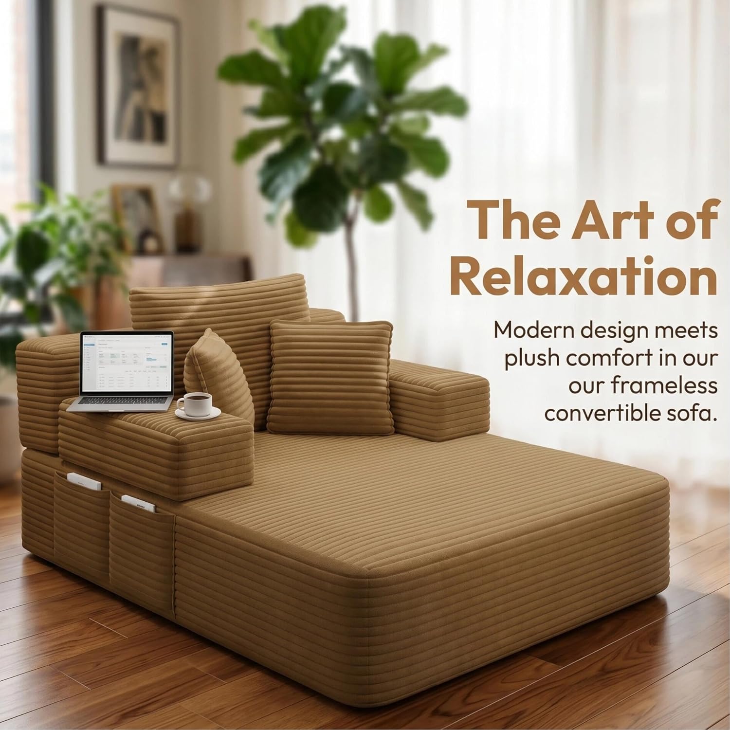 61 inch Boneless Chaise Lounge Chair Indoor, Oversized Corduroy Lounge, Deep Seat Sofa Bed for Living Room, Comfy Reading Nook Chair for Small Spaces, No Assembly Required, Camel