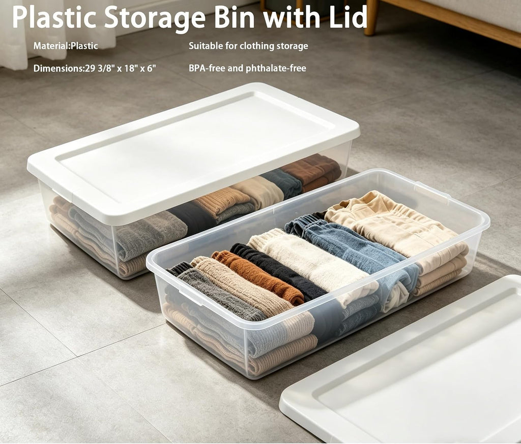 (2-Pack) 41 Quart Clear Plastic Underbed Storage Bin with Snap-On Lid Medium Rectangle Container for Home Organization, White