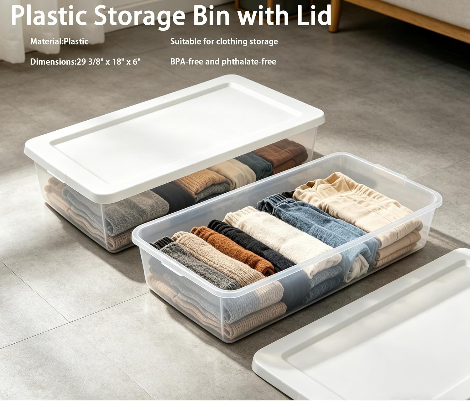 (2-Pack) 41 Quart Clear Plastic Underbed Storage Bin with Snap-On Lid Medium Rectangle Container for Home Organization, White