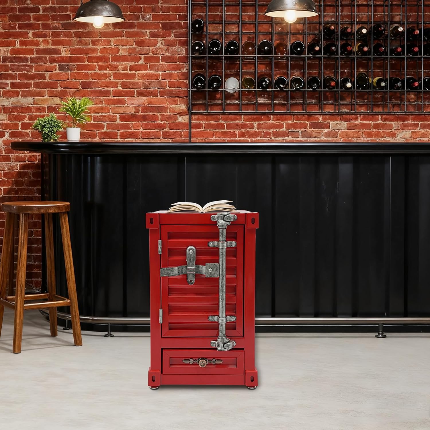 3-Tier Shipping Container Cabinet for Tool Storage - Container Side Table with Drawer, Industrial Bedside Table, Locking Nightstand for Living Room Bedroom Office Garage, 12.6x12.6x19.7in, Red