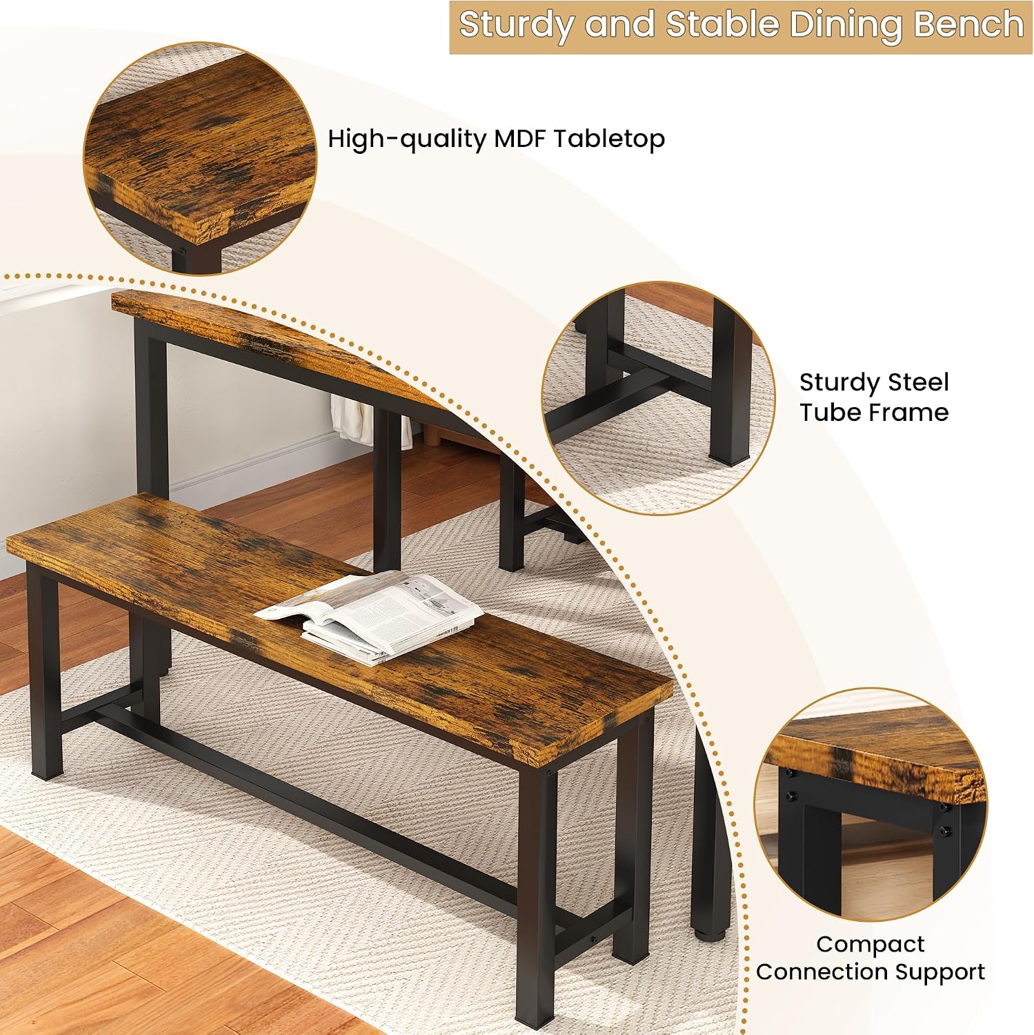 Recaceik Dining Benches - Pair of 2 Industrial Benches for Dining Room, Kitchen, Entryway, Bedroom - 39 Inch, Rustic Brown Metal Legs, Easy to Assemble