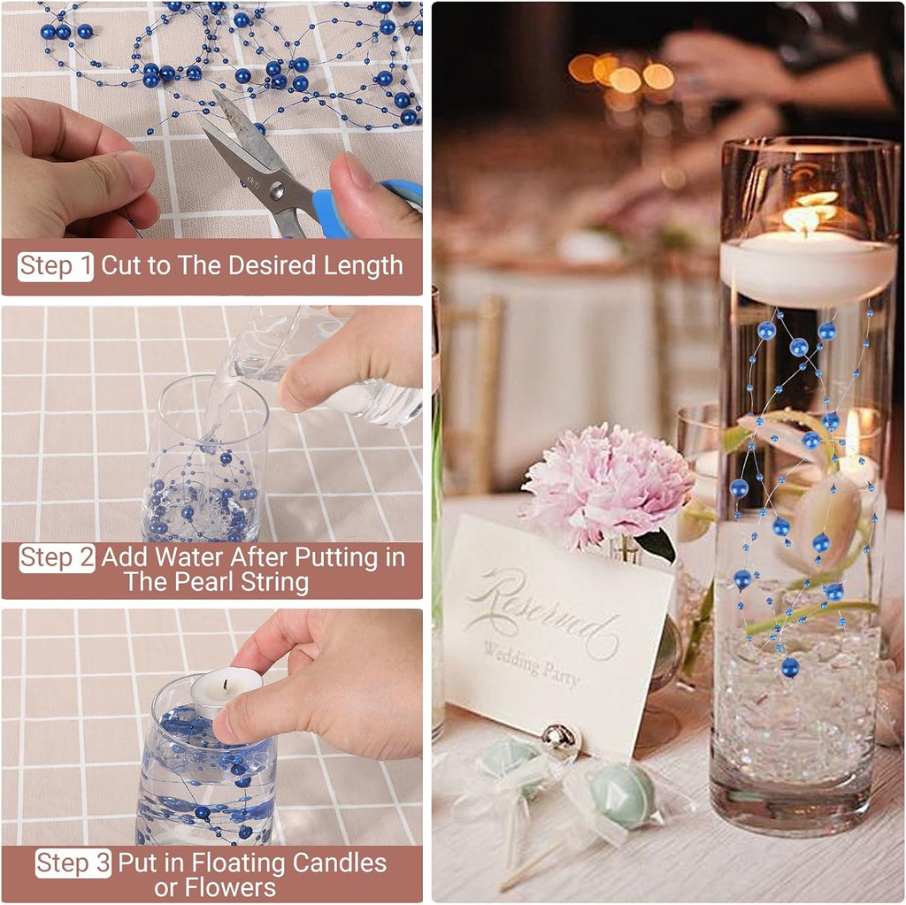 SUREAM 98 Feet Pearls String, Fishing Line Artificial Pearls String Beaded Wire for Craft, 3-8mm Faux Pearls Strand Roll for Flowers Wedding Christmas Decoration, Party Supplies(Blue