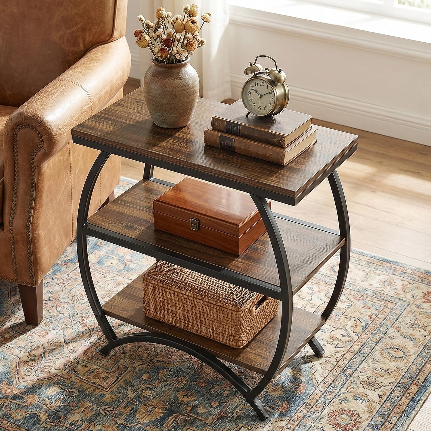Tribesigns End Table for Living Room, Narrow Couch Side Table with 3-Tier Storage Shelves, Small Bedside Nightstand with Metal Frame, Rustic Brown