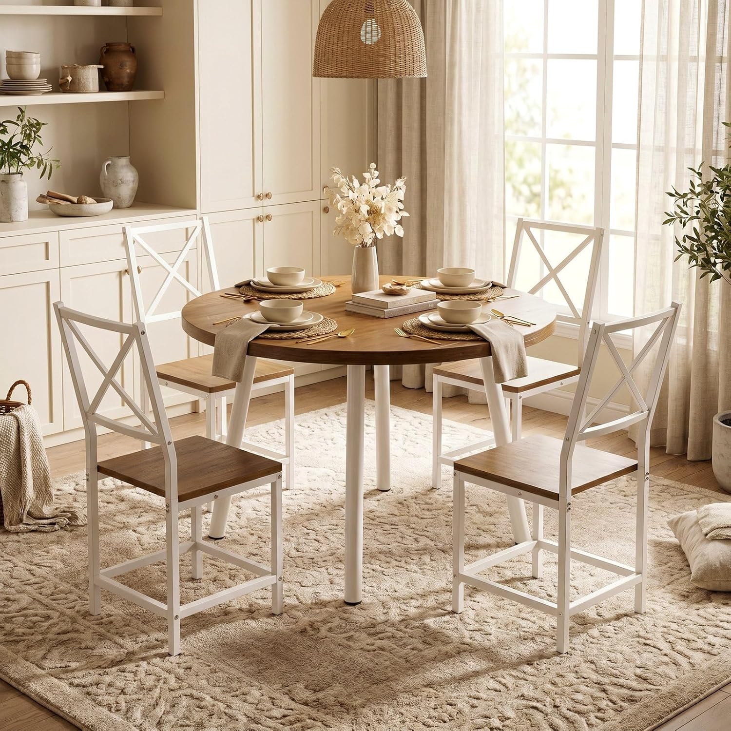 IRONCK Round Dining Table Set for 4, Extendable Kitchen Table with 4 Chairs, 44.5" Drop Leaf Desk, Folding for Small Space, Apartment, Natural Wood