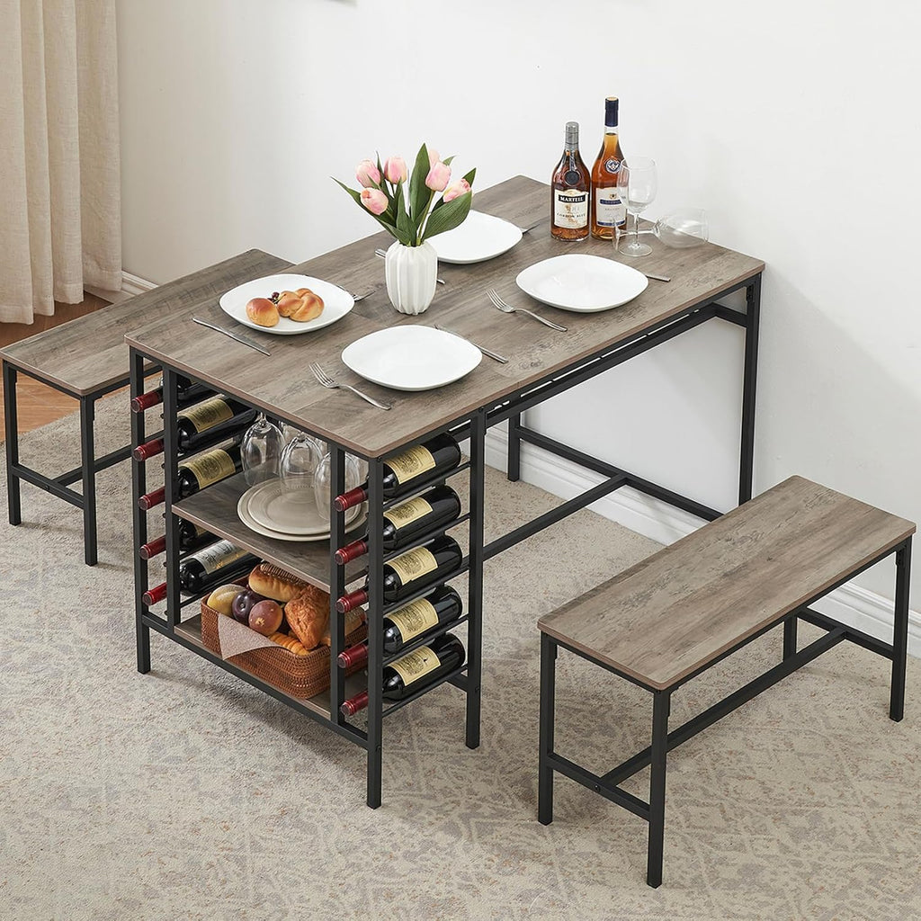 Garvee Dining Table Set for 4, Kitchen Table Set for 4 with 2 Benches, 3 Piece Dining Room Table Set for Small Space Apartment, Grey