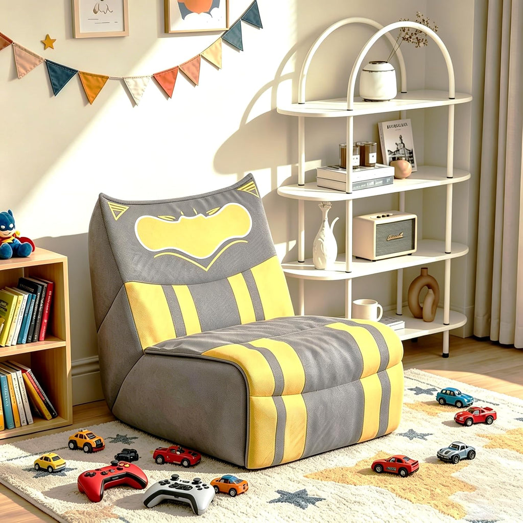 Kids Sofa Chair, Superhero-Inspired Gaming Lounge Seat with High-Density Foam, A Soft Fabric Modular Chair for Playroom, Bedroom, Reading Corner, Grey with Yellow Accents