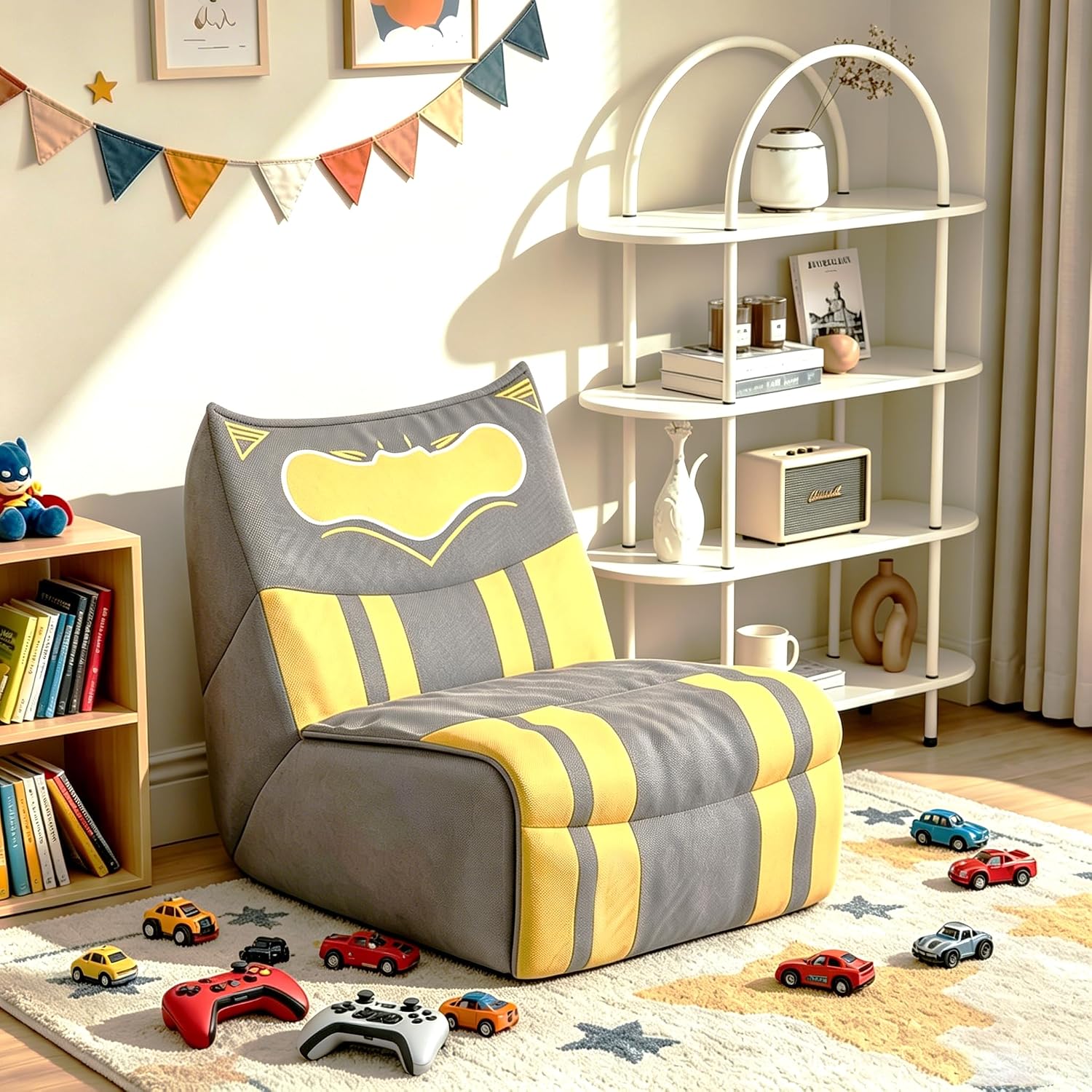 Kids Sofa Chair, Superhero-Inspired Gaming Lounge Seat with High-Density Foam, A Soft Fabric Modular Chair for Playroom, Bedroom, Reading Corner, Grey with Yellow Accents