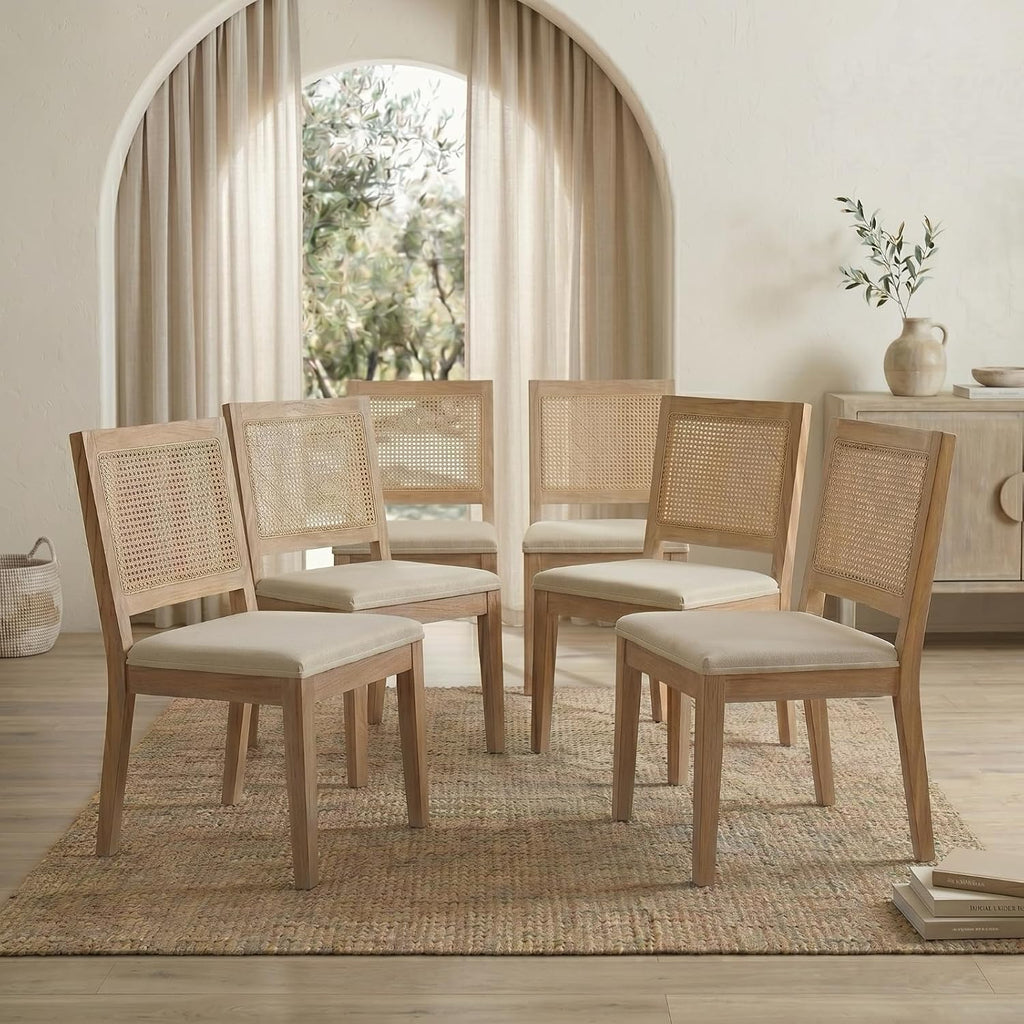 French Country Dining Chairs Set of 6, Beige Modern Kitchen & Dining Room Chairs, Rattan Dining Chair with Linen Upholstered Cushion, Low Cane Back, Wood Legs, Sillas de Comedor (Beige, 6 Pcs)