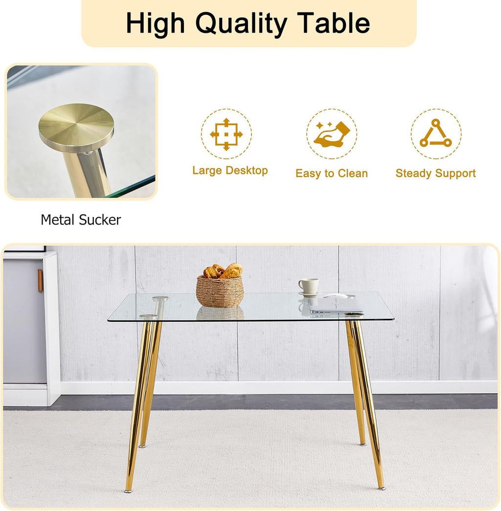 Baysitone 63" Modern Glass Dining Table with 4 Green Velvet Dining Chairs, Gold Metal Legs - Stylish 5-Piece Dining Set for Home